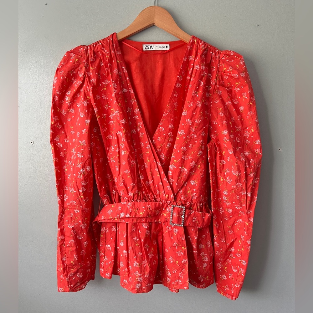Floral Red Zara Women's Large Blouse Top belted NWOT